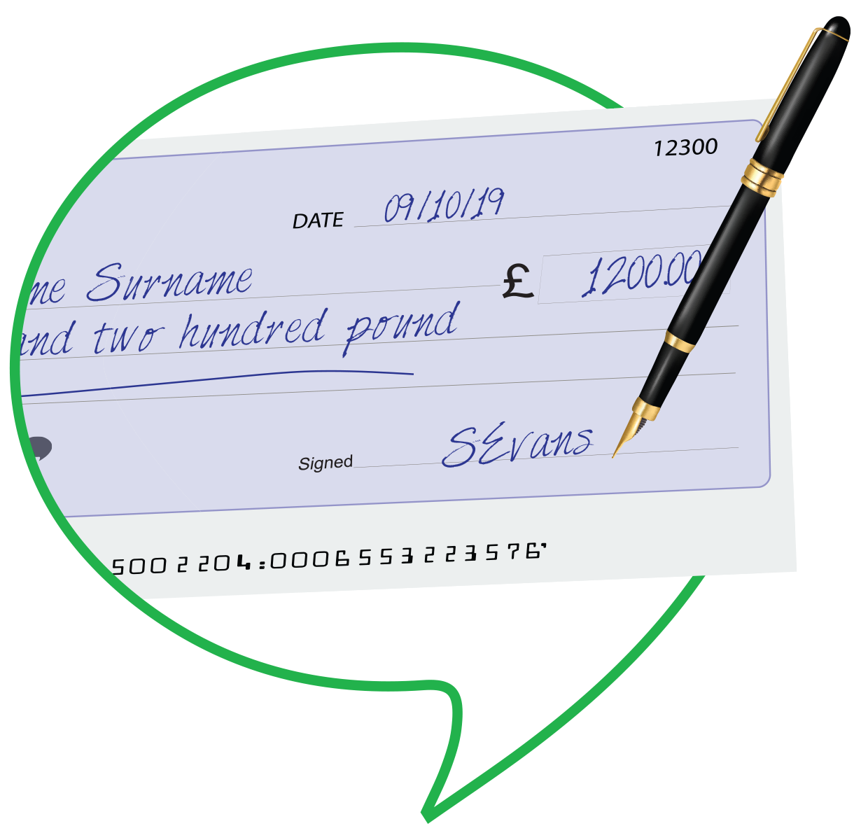 A cheque being signed with a fountain pen inside a green speech bubble